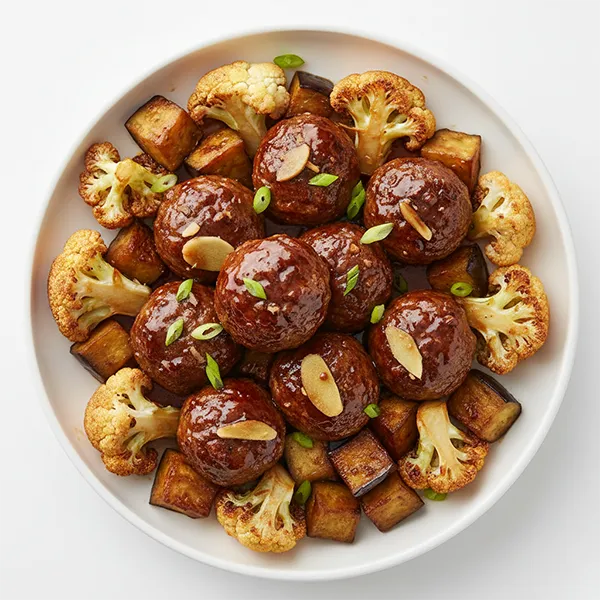 Wagyu fat beef meatballs tossed in oyster sauce with ginger cauliflower and eggplant